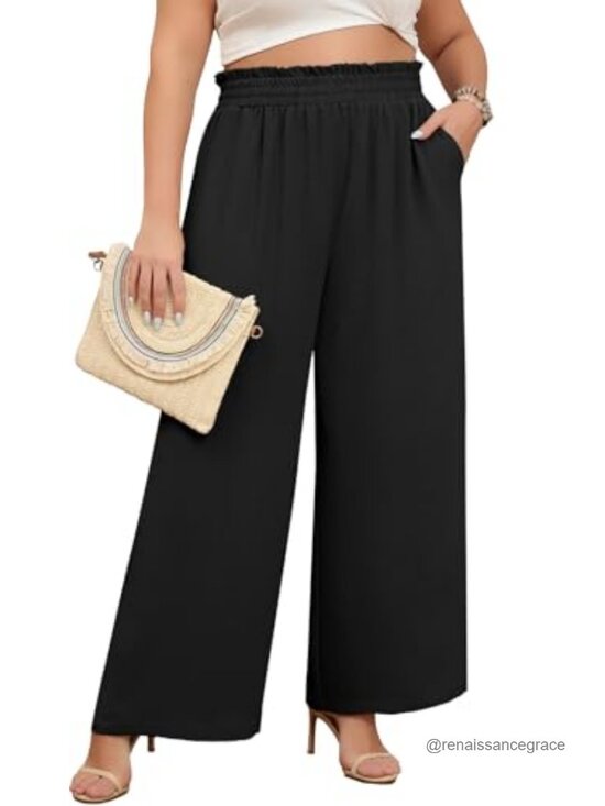 Pants - Women’s Plus Size Wide Leg Palazzo Pants with Pockets Elastic High Waist